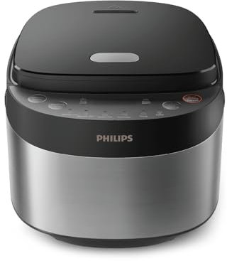 Philips Multi-Reiskocher 3000-Serie – 0,85 l, 8 Kochfunktionen, 4-lagiger Antihaft-Topf, 30-Minuten-Schnellkochmodus, Fuzzy-Logik, Schwarz-Silber-Design (HD3093/80)