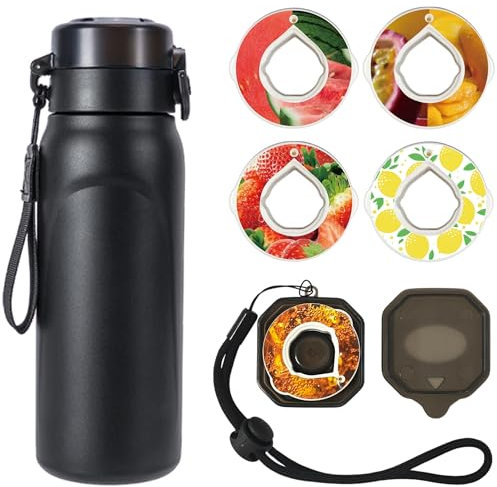 Alpha Fit Bouteille d'eau aromatisée de 750 ml compatible avec les capsules Air Up Pods Bouteille d'eau isotherme en acier inoxydable avec paille (noir classique + 5 capsules)