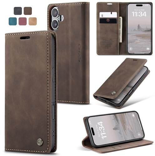 owlhold Handyhülle für iPhone 16 Hülle Premium Lederhülle Weiches Vintage-Nubukleder Faltbare Ständer Schutzhülle Kartenfach Standfunktion stoßfest klapphülle iPhone 16 -Kaffee