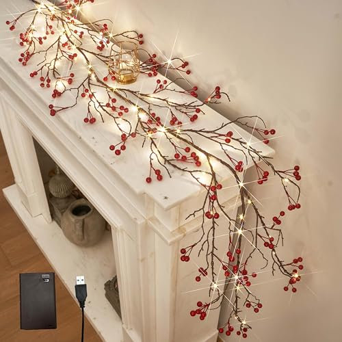 Hairui Red Berry Garland with Lights 6FT Battery Operated with Timer, Lighted Garland 120 LED Fairy Lights for Home Fireplace Wall Mantel Christmas Decoration Inside
