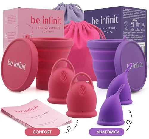Coppa mestruale BE INFINIT un modello per ogni stile-le tue giornate rilassate-i tuoi giorni di esigenza, ideale atleti-2 bicchieri+bicchiere sterilizzatore+borsa portatile-2 modelli-silicone grado