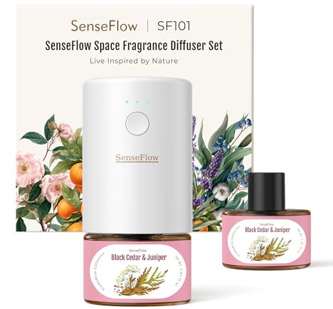 SenseFlow Aroma Diffuser für Ätherische Öle SF101, Wasserloser Ultraschall Duftstecker Raumduft, 100% pflanzlich Lufterfrischer, 120-Tage Aroma für Zuhause- bis zu 100 m² - Schwarze Zeder & Wacholder