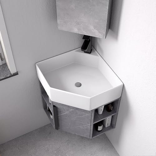 Évier de Salle de Bain d'Angle Évier Mural d'Angle Évier en Céramique d'Angle Meuble Sous Évier d'Angle Meuble de Salle de Bain d'Angle avec Évier Évier de Balcon d'Angle avec Conteneur de Rangement(1