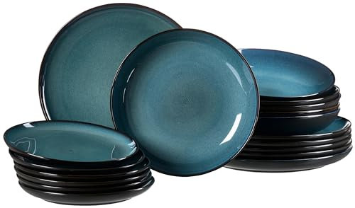 Ritzenhoff & Breker Bali Teller-Set 18-teilig, Kombiservice mit Farbverläufen, Je 6x Speise- / Suppen- und Dessertteller, Skandinavisches Design mit Reaktivglasur, Steinzeug, Blau