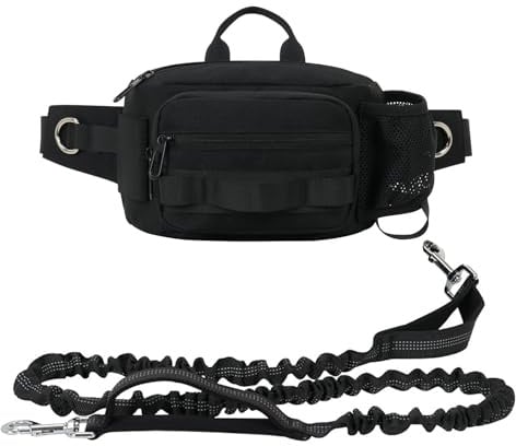 SOUUXIU Hands Free Dog Leash, Waist Leash for Dog Walking, Running Leash with Zipper Pouch Dual Handle and Retractable Bungee for Training Jogging Hiking