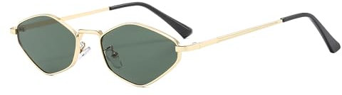QVKUUT Retro Kleine Sonnenbrille Damen Herren Vintage Schmale Unregelmäßige Sonnenbrille UV-Schutz (Gold/Grün)