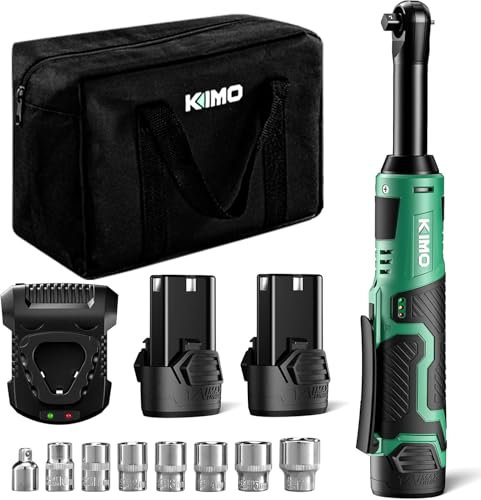 KIMO 3/8 Inch Extended Electric Ratchet Wrench Set, 40 Feet Lbs 400rpm, 12V, Cordless Ratchet Wrench with 2 x 2.0Ah Batteries, 1 Hour Fast Charger and 8 Sockets, Ratchet