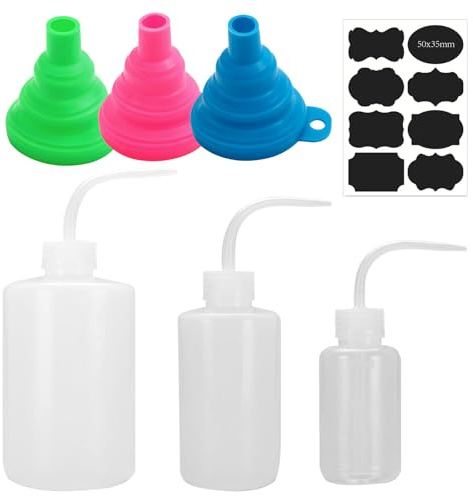 PORUPAEL 3 Stück Spritzflasche 150ml 250ml 500ml, Laborflasche Kunststoff, Squeeze Waschflasche mit 3 Trichter und 8 Aufkleber, Transparent Waschen Flasche für Laborreinigung PflanzenbewäSserung