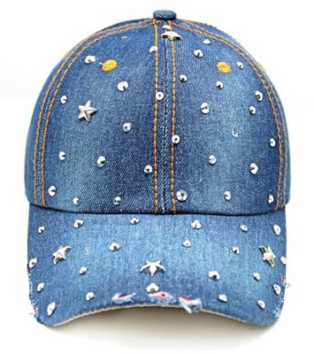 Glamexx24 Jeans Baseball Cap Damen Verstellbare Basecap mit Strasssteinen Atmungsaktive Baumwolle Baseballkappe für Outdoor Running Tennis Golf