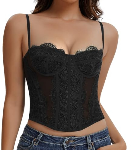 Werkiss Lace Boned Corset Top for Women Going Out Bustier Corset Top with Straps Sexy Overbust Corsets Push Up Crop Tops(Black-Lace, L)