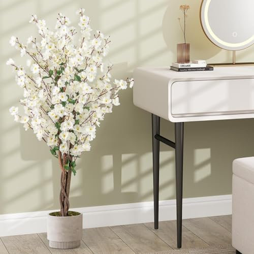 TANGZON Artificial Wintersweet Tree, 120CM/4FT Faux Plum Blossom Plant in Pot with White Flowers & Solid Wood Trunk, Indoor Outdoor Decorative Fake Blooming Floral Tree for Home Office Porch (1)