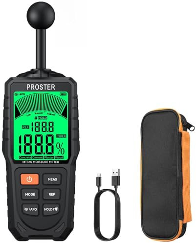 Proster Wiederaufladbares Feuchtigkeitsmessgerät für Wände – Visueller & akustischer Alarm 5 Modi mit Index, 3-Farben LCD, für Holz, Beton, Gips, Mauerwerk und mehr, Ideal für Bausarbeiten