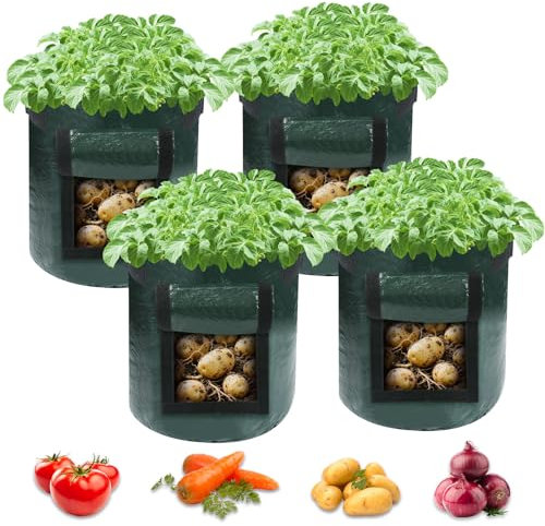 Helterfolg Kartoffel Pflanzsack, Pflanztaschen Kartoffelsack mit Griffen und Zugangsklappe, Garten Pflanzbeutel für Kartoffeln, Karotten, Tomaten, Gurken und anderes Gemüse (4 Stück,7 Gallonen)