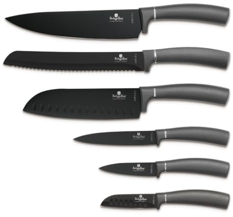 Berlinger Haus Messer Set 6 teilig Edelstahl Antihaftbeschichtung ergonomische Griffe Küchenmesser Set Santoku Kochmesser Brotmesser Universalmesser Anthrazit Collection