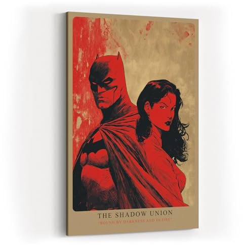 Paul Sinus Wandbild in 60x90cm The Shadow Union – Batman und mysteriöse Frau in intensiver roter Komposition, ausdrucksstarkes Pop-Art-Design für moderne Räume