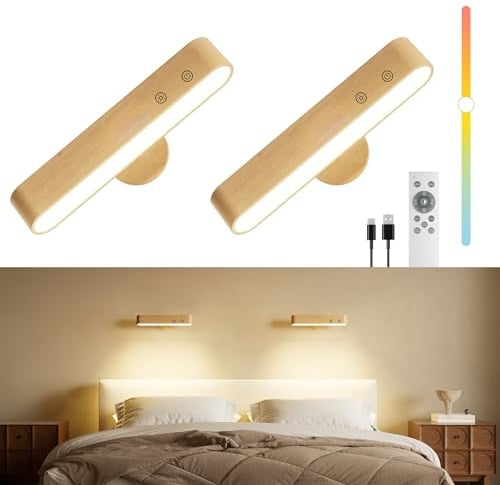 Rechargeable Wood Battery Wall Sconces Set of Two,LED Wall Lights for Bedroom with Remote Control and Touch,360° Magnetic Rotation,3 Colors Dimmable Brightness Wall Lamps with 15 RGB Colors,2 Pack