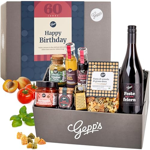 Gepp’s Feinkost Gourmet Geschenkset zum 60. Geburtstag für Frauen & Männer | Wein, Gewürze, Essig & Pasta inkl. Parmesanreibe I Geschenkkorb zum Kochen & Genießen I Geschenkidee zum runden Geburtstag