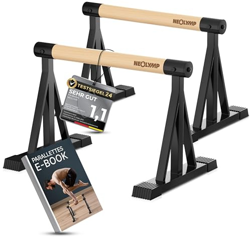 NEOLYMP 2er Set handgelenkschonende Holz Liegestützgriffe mit Calisthenics-Übungen - handgefertigten Parallettes, Push up Bar, Handstand Griffe, Dip Barren, Calisthenics-Equipment