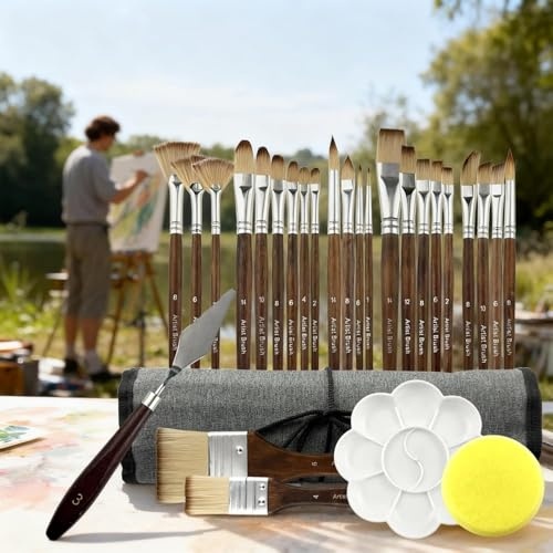 Watercolor Acrylic Paint Brushes for Artists: 25pcs Portable Art Supplies Set for Outdoor - Park Seaside Painting Paintbrushes Kit for Oil with Canvas Roll - Gifts for Painter