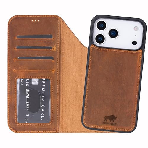 Solo Pelle Lederhülle kompatibel für iPhone 17 Pro Max in 6.9 Zoll abnehmbare Hülle (2in1) inkl. Kartenfächer geeignet für MagSafe Zubehör (Camel Braun)