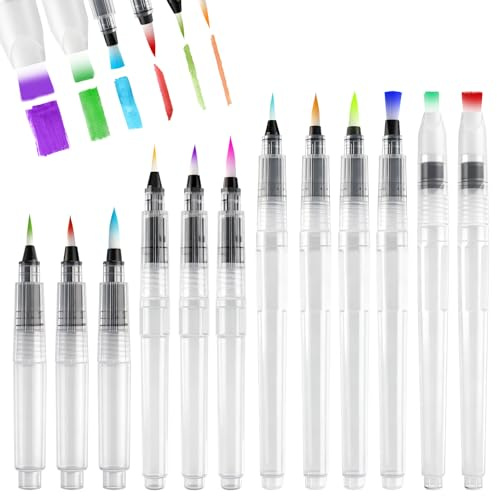 12 Stück Wasserpinsel Stifte, Wassertankpinsel mit Wassertank, Auffüllbare Aquarellpinsel Wasserpinselstift für Aquarellmalerei, Aquarellstifte Malpinsel für Künstler, Anfänger, Erwachsene