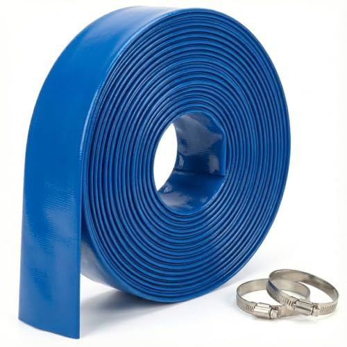 Layflat Water Discharge Hose Pipe with Hose Clips – HosesUK Heavy Duty PVC Flat Hose Blue 50 Metre (164.0ft) x 25mm (1)