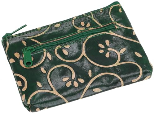 Kleiner Geldbeutel aus geprägtem Leder, Utensilo, praktisch, grün | Hochwertiges 100% Leder, zwei Reißverschlussfächer, ideal für Tagesgeld und wichtige Kleinigkeiten.