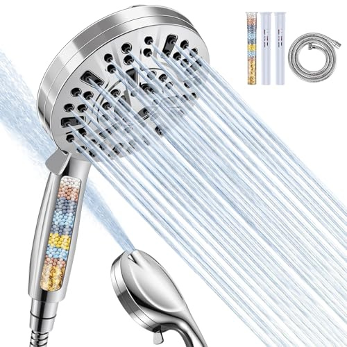 Hard Water Filter Shower Head Set,9 Mode High Pressure Bathroom Showerhead | Showerhead with Beads Filter,Powerful handheld Shower Head for Residual Chlorine Remove,Built-in Power Wash,Hose & 3 Filters