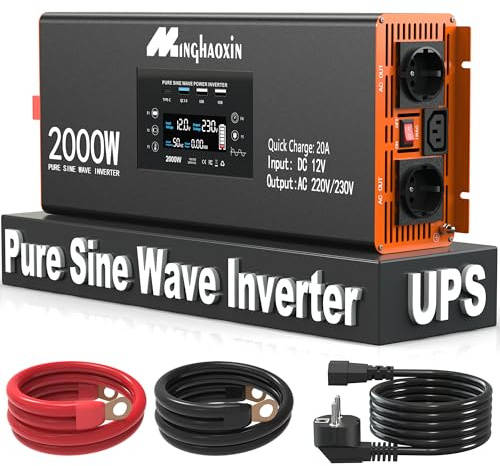 2000W Wechselrichter 12V auf 230V Reiner Sinus, Spannungswandler mit Netzstromvorrangfunktion, Ladefunktion und USV, LCD, 2AC Anschluss, USB-C Fits Solar & Motorhomes