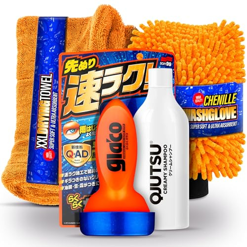 Auto Scheibenversiegelung Set | Soft99 QAD Glasversiegelung + QJUTSU Creamy Shampoo + Waschhandschuh + Trockentuch | Regenabweiser für Autoscheiben + Autoshampoo | Nano Versiegelung