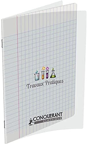 CONQUERANT Cahier de Travaux Pratiques 17x22cm Grands Carreaux Seyès/Uni Blanc 64 Pages Agrafées Couverture Polypro Incolore