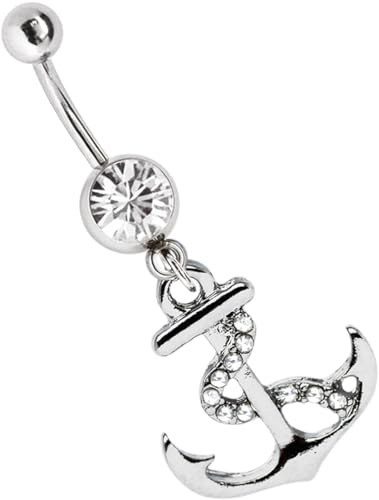 Bauchnabel Piercing 316l Stahl Banane 1,6 mm x 10 mm und Anker mit Steinen in klar