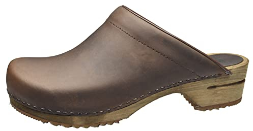 Sanita Christian offener Clog | Original handgemacht | Leder-Holzclogs für Männer | Dunkelbraun | EU 42