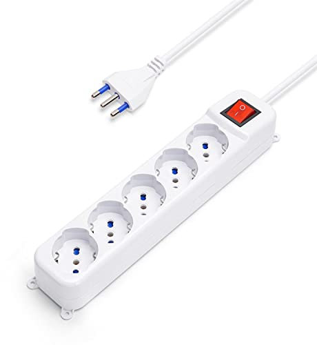 Aigostar Multipresa Ciabatta Elettrica a 5 Posti Prese Italiane 10/16A Schuko, Cavo 5 Metri, 250v/2500W. Color Bianco