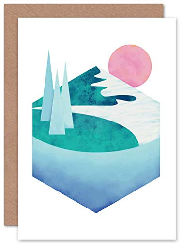 Wee Blue Coo Abstract Minimalist Mountains Lake Sunset Blank Greetings Art Card