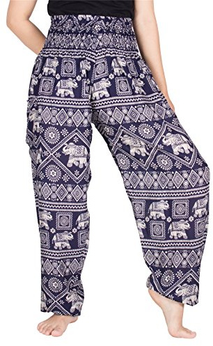 Lofbaz Damen Haremshose mit gesmoktem Boho Hosen Elephant Stamp Dunkelblau L