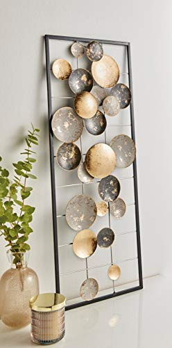 Wandbild Kreise aus Metall, schwarz/gold, 28 x 74 cm, im Shabby Style, Wandskulptur, Wand-Deko-Objekt