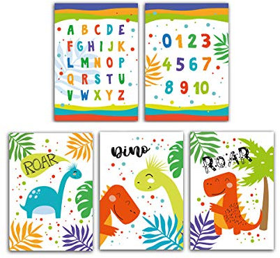 Poster für Kinderzimmer Plakat Dinosaurier Zahlen Buchstaben ABC Mädchen Jungen Deko für Babyzimmer Wandbilder A4 Tiere (5-er Set)