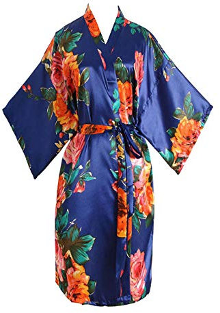 Robe de chambre kimono ample en satin pour femme Taille 36-52, A-Rose Marine, 10-12