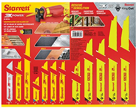 Starrett Bi-Metal & Carbide Grit Reciprocating Saw Blades Assortment Pack - KRB12-A - WOOD, METAL, MULTI-USE and HEAVY DUTY CUTTING (12 Blades)