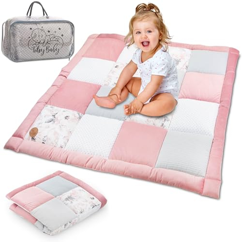 Tapis de jeu pour bébé 120x120 cm - tapis de jeu épais et tapis pour bébé, tapis doux pour enfants et bébés, grande couverture patchwork, matelas sol pour chambre d'enfant Rose sauvage