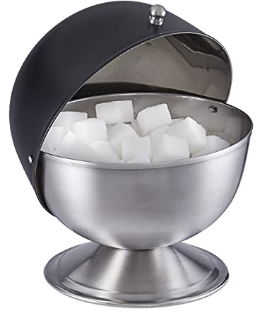 Relaxdays Zuckerdose, Edelstahl, Zuckerkugel mit Deckel, für Würfelzucker & Bonbons, HxD: 15,5 x 14 cm, schwarz/silber