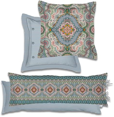 Pip Studio Dekokissen Majorelle Carpet Blue Blau Blumen Blüten Wendeoptik Geblümt Streifen Gestreift Perkal Zierkissen, Größe:30 x 90 cm