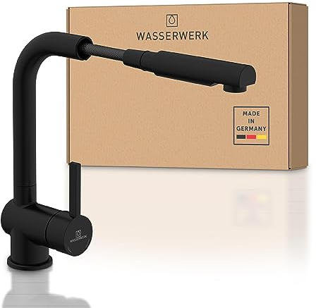 Wasserwerk WK4 GB Küchenarmatur - Design-Wasserhahn Küche - Schwarz Matt - Herausziehbare Brause - Armatur mit Energiesparfunktion & Verbrühschutz - Premiumqualität Made in Germany