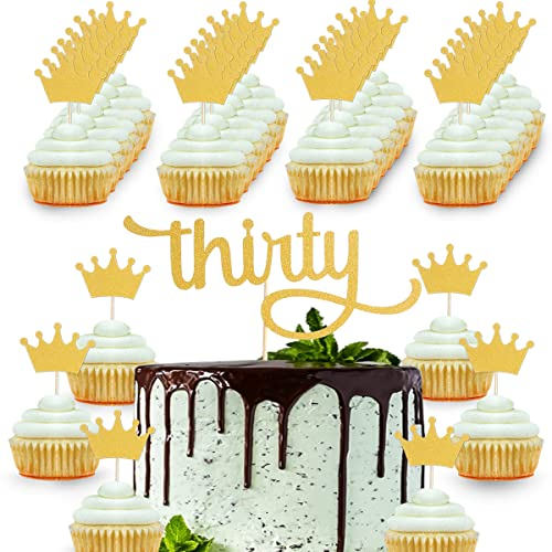 Gold Thirty Cake Topper Set - 1 Pcs f Gold Glitter Thirty Cake Topper And 30 Pcs Crown Cupcake Topper, Single-side Gold Glitter Paper 30th Birthday Men and Women Party Cake Decoration