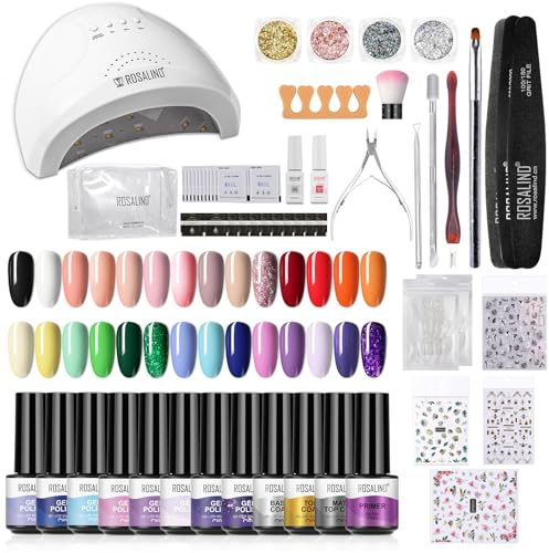 ROSALIND Kit Vernis Semi Permanent 48W UV/LED Lampe, 28x Mini Ongle Gel UV Complet Capsule Debutant contient Matte Gel Top Base Coat Set Manucure Bricolage Essentiels Décorations Kit Vernis Noel
