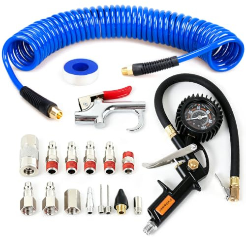 FYPower 18 Pieces Air Compressor Accessories kit, 1/4 inch x 25 ft Recoil Poly Air Compressor Hose Kit, 1/4 NPT Quick Connect Air Fittings, 100 PSI Tire Inflator Gauge, Heavy Duty Blow Gun