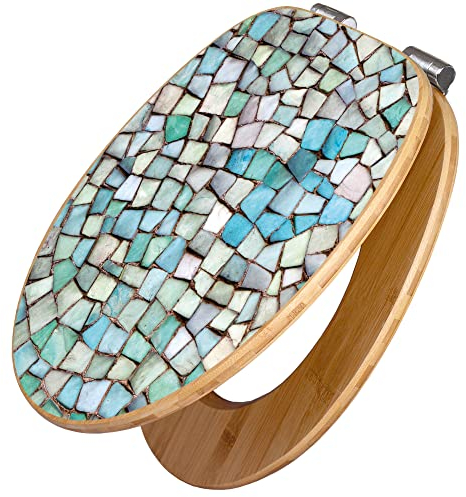 banjado Design WC Sitz Bambus Absenkautomatik 45,8x37,5cm / Toilettendeckel mit Absenkautomatik Holz/hochwertiger Bambus Klodeckel/WC-Sitz für gängigen Toiletten/Motiv Mosaik Blau