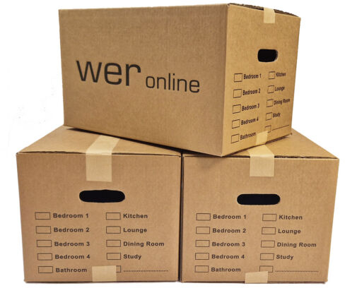 W.E. Roberts 10 Large Strong Cardboard House Moving Boxes with Carry Handles Room List, Removal Packing boxes Boxes for moving house with Tape and Bubble Wrap