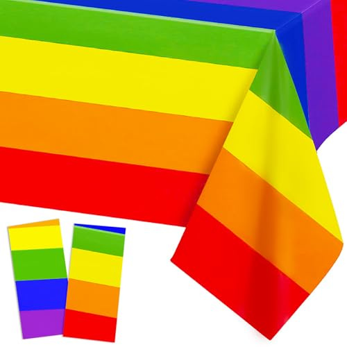 Jremreo Rainbow Pride Tablecloth - 2 Pack - 137 x 274 cm Rectangle Disposable Plastic Table Cloth, Rainbow Pride Flag Table Covers for Dining Room Kitchen Decorations